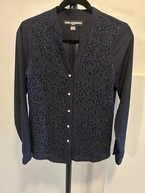 Karl Lagerfeld Navy Lace-Front Button-Down Blouse Size S